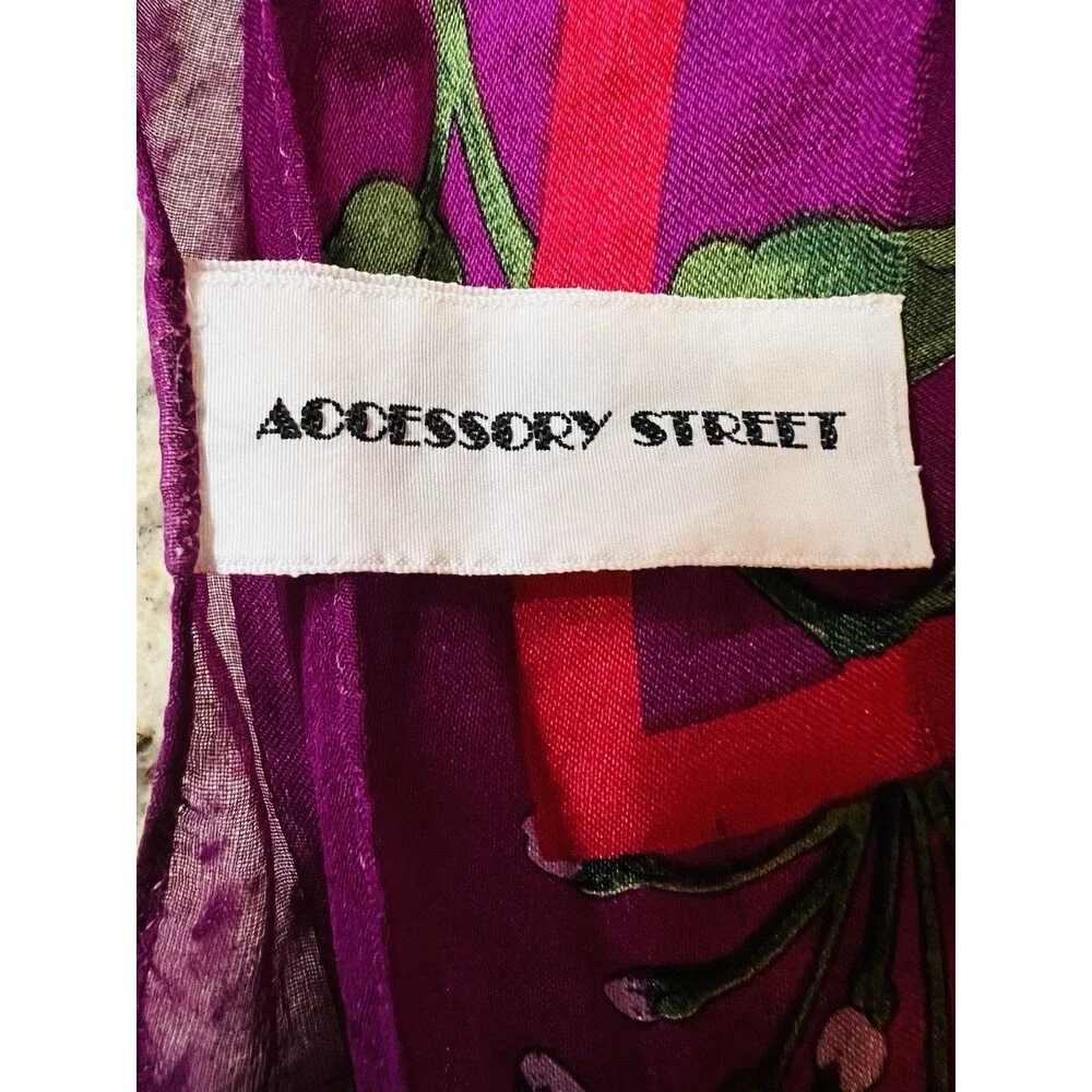 Accessory Street 100% Silk Chiffon Rectangle Scarf Purple Floral Logo Dry Clean
